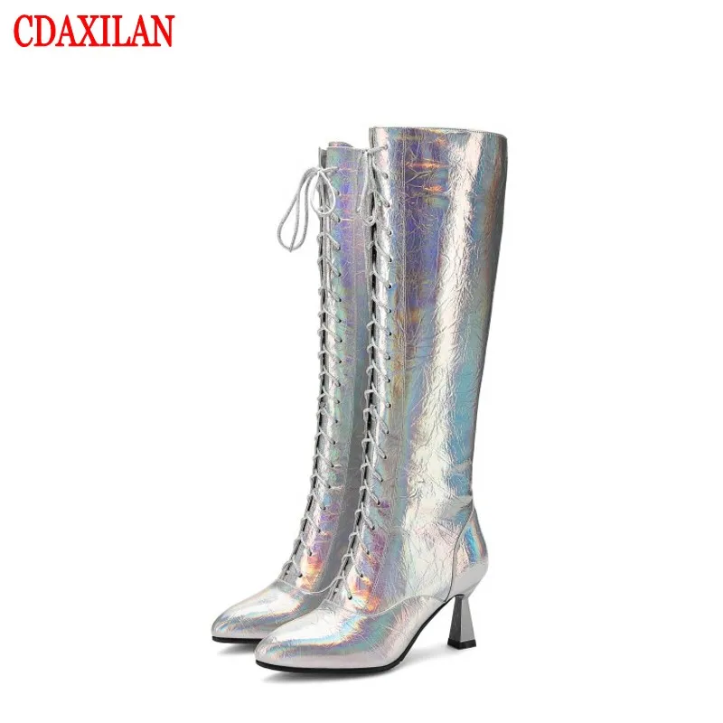 CDAXILAN new arrivals women's knee boots silver pantent leather cross strap side zipper pointed high heel martin boots dancing