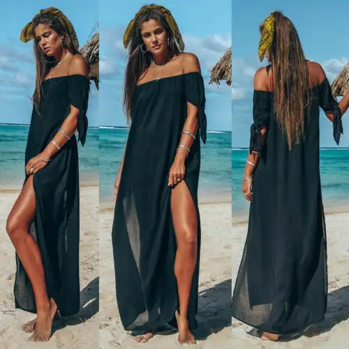 New Women Maxi Summer Beach Beachwear Long Dress Off Shoulder Holiday Solid Color Cover Up Skirt Swimsuit |