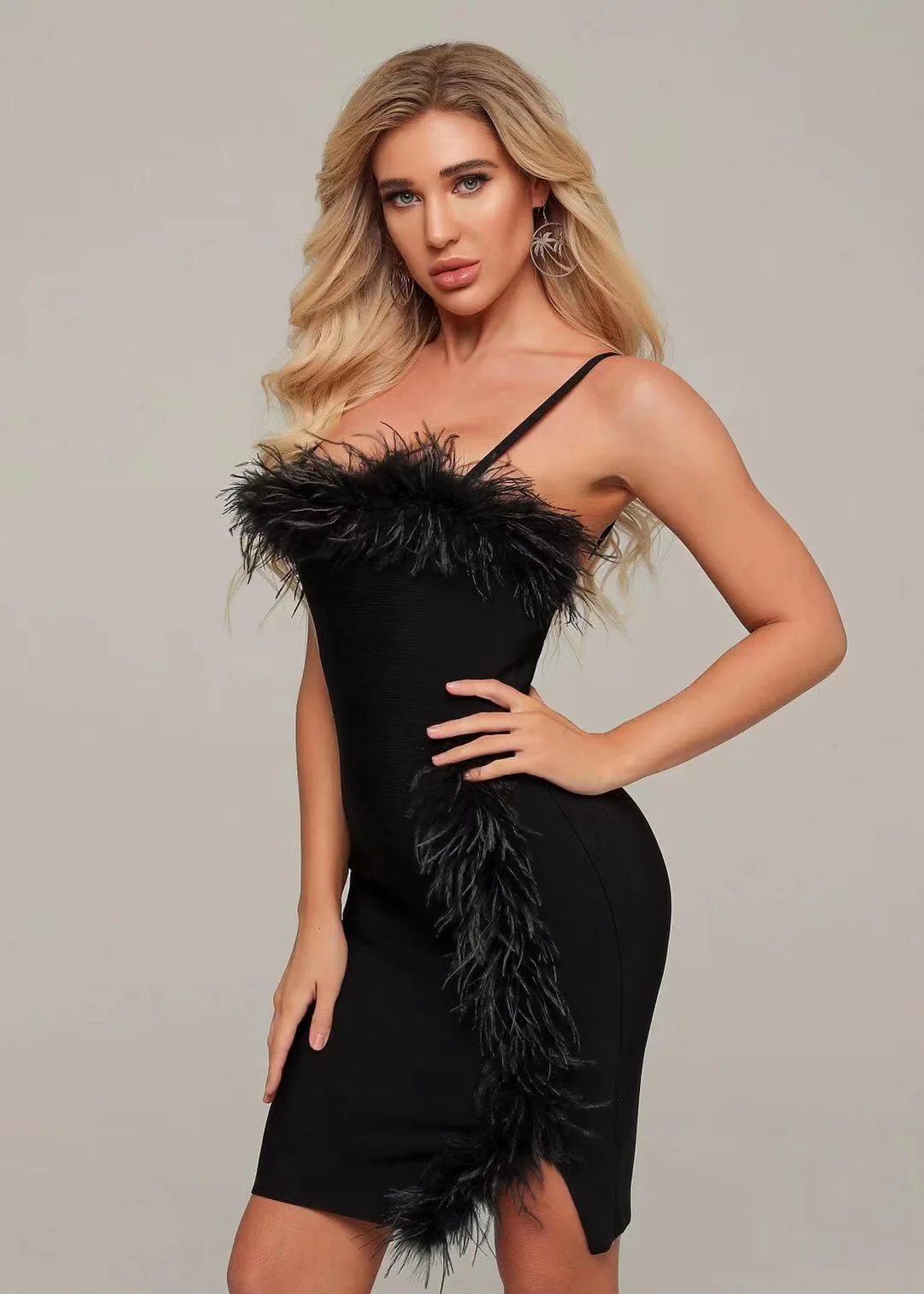 Simly Tara летнее элегантное женское мини платье для вечеринки vestidos без бретелек Spaghettlli ремень перья Красное Облегающее Бандажное платье