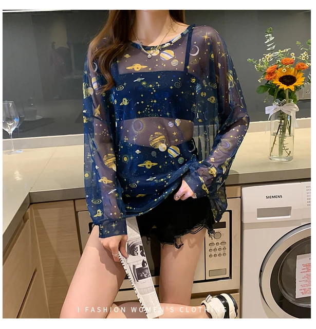 Disney 2021 Summer Famous Anime Mickey Mouse Brand Mesh Shirt Women Sun Protection Transparent Long Sleeve Blouse Ladies T-shirt 3757 Dark Blue