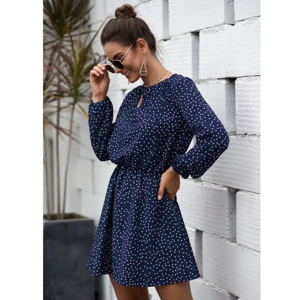 Boho style женское платье с принтом в горошек, с открытой шеей, с пятнистым поясом, с длинным рукавом, средней длины, для женщин, Осеннее сексуальное элегантное платье с круглым вырезом