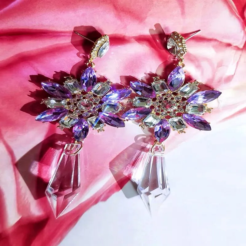 Korea New Exaggerate Purple Crystal Geometric Dangle Earrings For Female Daily Shiny Rhinestone Elegant Party Jewelry