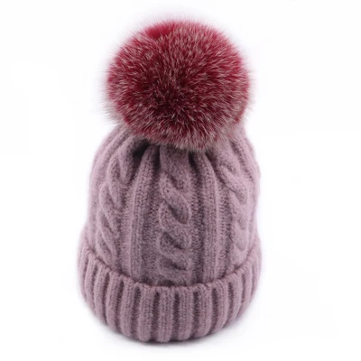 Purple - Fox Fur Зимняя женская вязаная шапка Skullies Женская бини шапки с настоящим помпон из лисьего меха роскошный Gorro; теплый лыжный головной убор для девочек ярких цветов - Цвет: Purple - Fox Fur