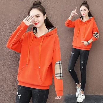 

Spring and Autumn Fashion Women Casual Loose Hoodies Long Sleeve Patchwork Cotton Hooded Pullover Sweater