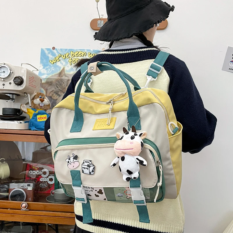 Women Cute Cow Backpack Female Student College Schoolbag Girl Badge Multifunctional Backpacks Kawaii Ladies Waterproof Nylon Bag