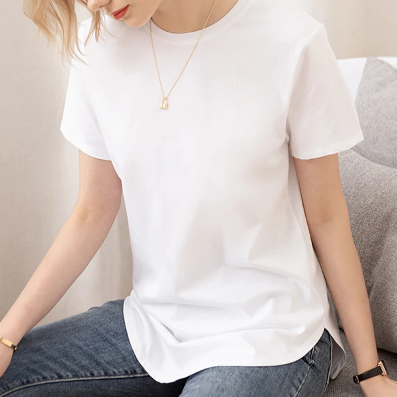 100% cotton Loose Casual Summer Short Sleeve Female T shirt Women Asymmetric O-neck Tee Tops M30326 4