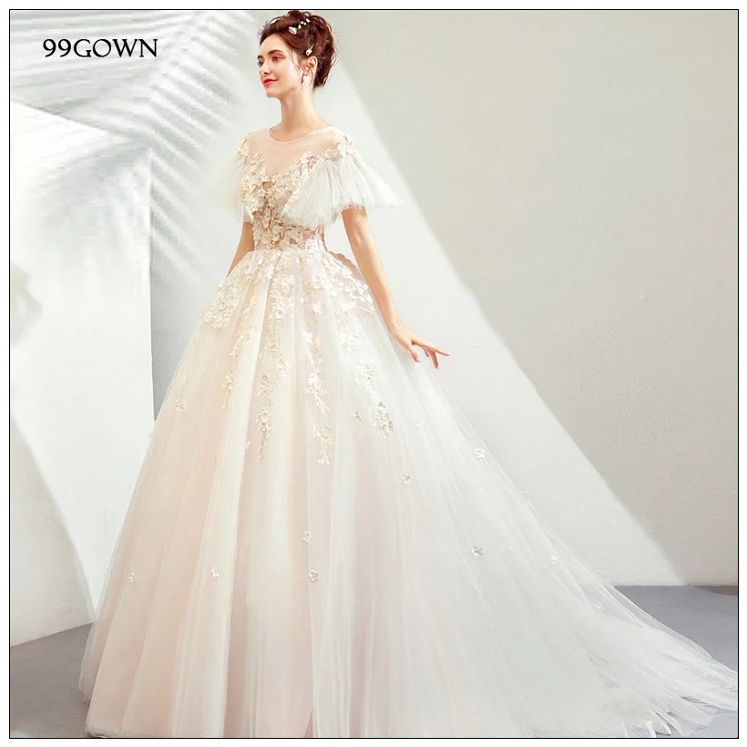 99GOWN роскошное свадебное платье со шлейфом, с коротким рукавом и расклешенной вышивкой, а-силуэт, кружевное Тюлевое свадебное платье с открытой спиной