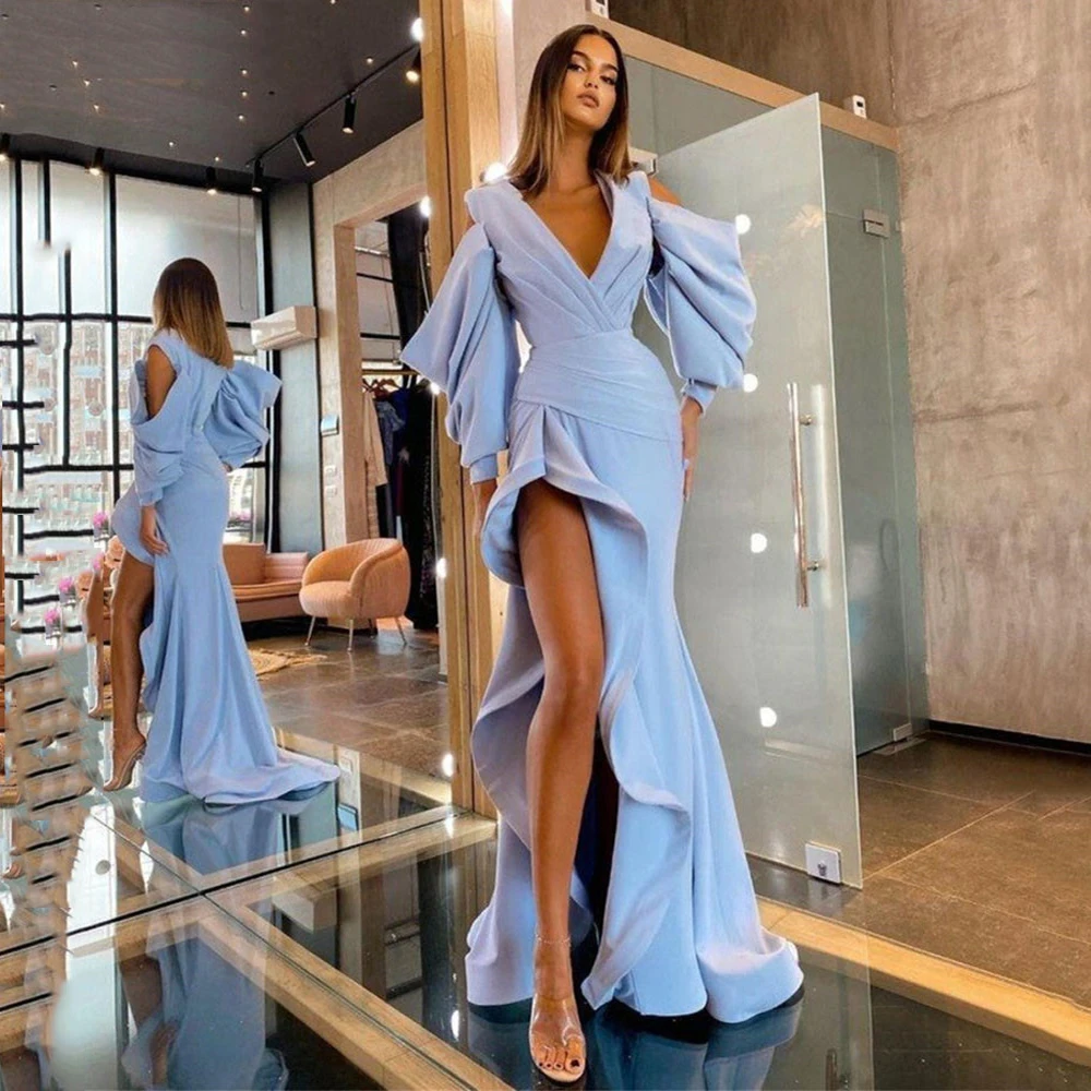 

BridalAffair светильник-голубые Элегантные платья русалки для выпускного вечера с длинным рукавом с высоким разрезом оборками плиссированные женские вечерние ночные платья