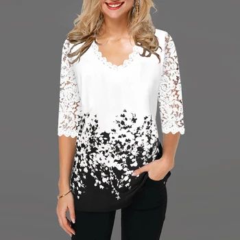 

Women V Neck T Shirt Half Sleeve Print Floral Spring Pullover Big Size 5XL Hollow Out Lace Female Casual T Shirt