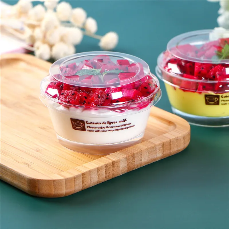 50pcs High quality round dessert cup 150ml transparent baking package cream cake fruit salad pudding jelly plastic cup with lids