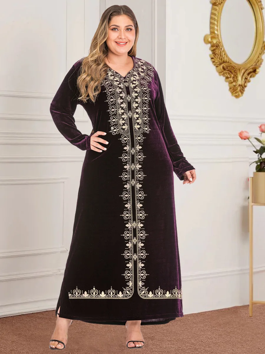 Abaya Women Kaftan Women Muslim Velvet V-neck Maxi Dress Plus Size Cocktail Robe Autumn Long Sleeve Gown Middle East Dress New