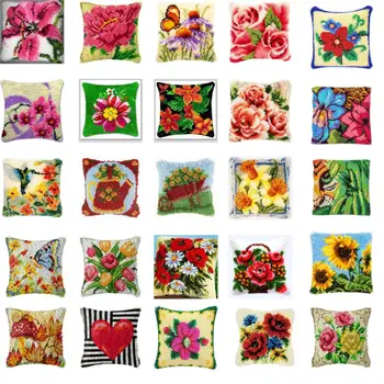 

Top NEW DIY Needlework Kit Acrylic Yarn Embroidery Pillow latch hook Canvas Cushion Front Cross Stitch Pillowcase