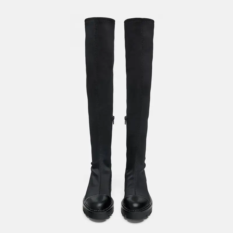 Autumn And Winter New Women Shoes Black Grooved Bottom Flat Over Knee Boots Elastic Slim Fashion