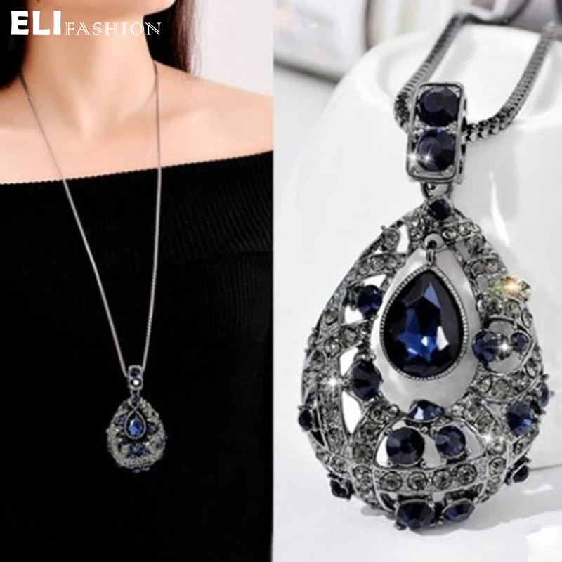 ELIfashion винтажное ожерелье со стразами синяя подвеска в форме капли длинное ожерелье цепочка для зимнего свитера универсальные аксессуары для женщин