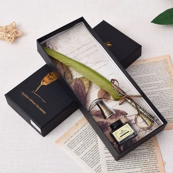 

Vintage Handmade Feather Quill Dip Fountain Pen with Ink English Calligraphy Writing Stationery Wedding Gift