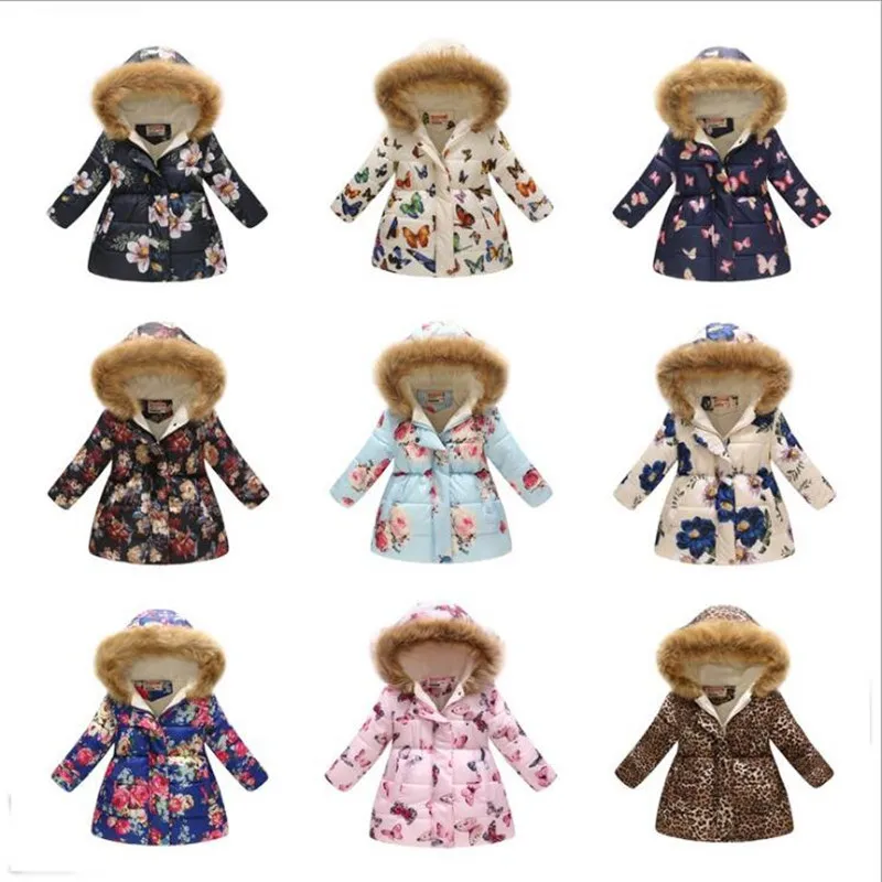 

Girls Down Jackets Kids Fashion Printed Thick Outerwear Children Clothing Autumn Baby Girls Winter Warm Fur Collar Hooded Coats