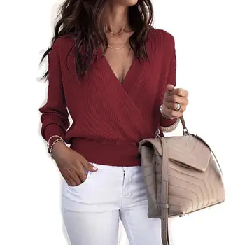 

Women Sexy Solid Color V Neck Cross Long Sleeve Pullover Knitted Sweater Top