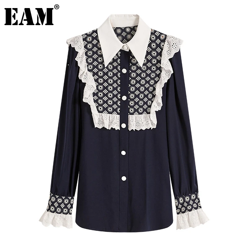 [EAM] Women Dark Blue Ruffles Big Size Blouse New