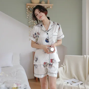 

Casual Pajamas Suit WOMEN'S Short Sleeved Shorts Silk Tracksuit Sweet Printed Pajamas Versatile Imitation Silk Satin Sexy