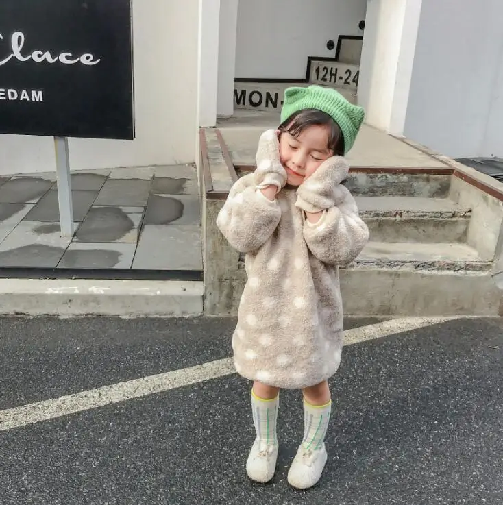 Korea Style Girls Dots Flee Dress Fashion Autumn Winter Thicken Baby Girl Clothes Girls Vest Dresses Kids Clothes 1-6 Years