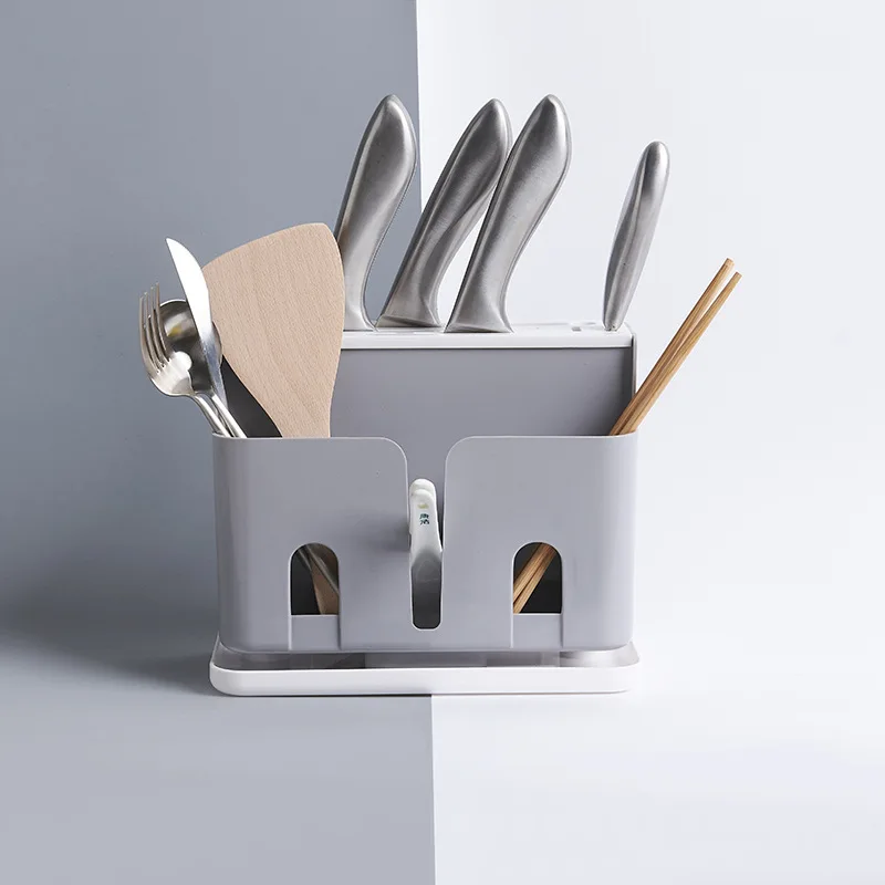 Пластиковая подставка для кухонных ножей Универсальный Органайзер держатель палочка для еды ложки сливная стойка посуда полка инструмент для хранения - Цвет: Gray