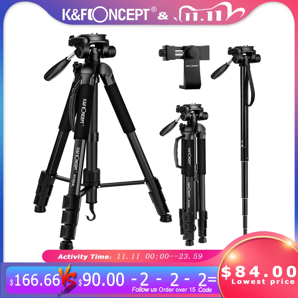 

K&F Concept TM2624L Black Portable Compact Camera Tripod 70inch for Video Camera Cellphone 3-Way Swivel Pan Tilt Head
