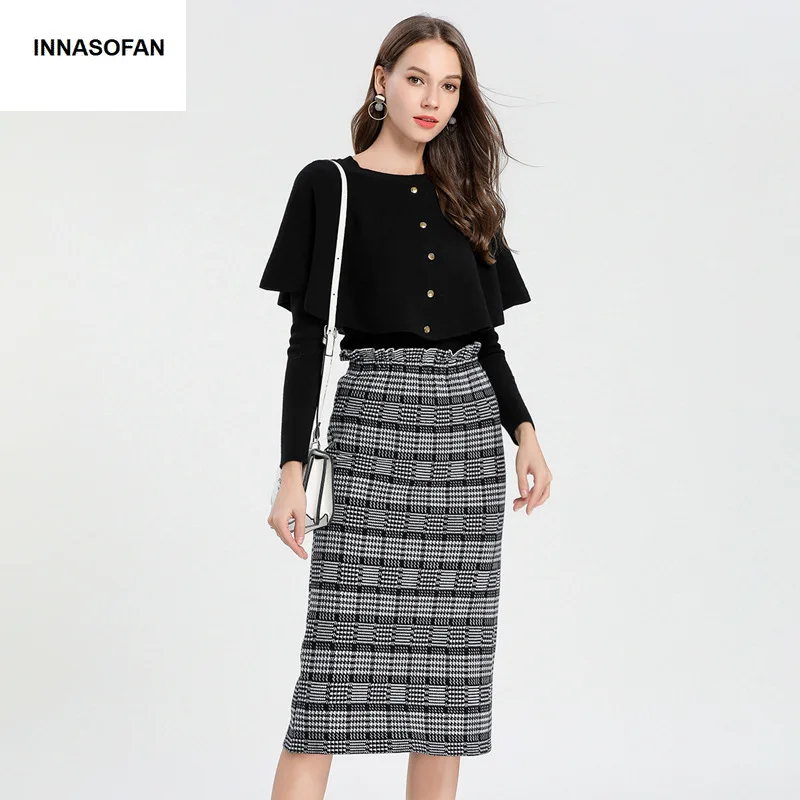 

INNASOFAN knitted suit women Autumn winter chic suit Euro-American fashion two-piece from plaid skirt long-sleeved sweaters