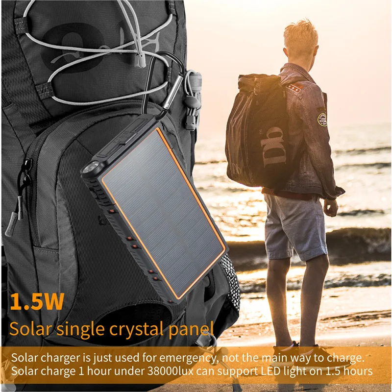 

True Capacity 15000mAh Solar Power Bank Waterproof Outdoor Powerbank Battery Portable Charger SOS LED for Xiaomi Iphone Huawei