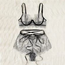 Goocheer/комплект из 2 предметов, сексуальное женское черное кружевное вязаное белье, открытый бюстгалтер на бретельках, перспективные трусики, Эротическое горячее нижнее белье, одежда для сна