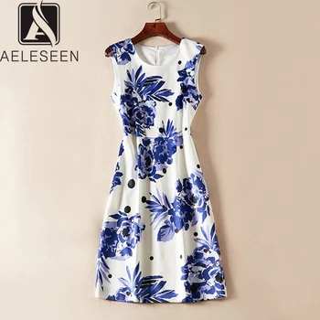 

AELESEEN 2019 New Autumn Sleeveless Above Knee Dresses Women Casual Wearing Holiday Beach Sweet Mini Blue Floral Print Dress