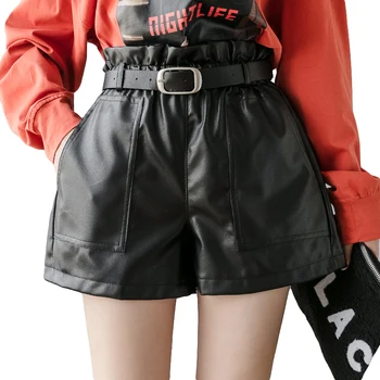

Fashion High Waist Shorts Girls A-line Elegant Leather Shorts Bottoms Wide-legged Shorts Spring Winter Casual Women Shorts 90i