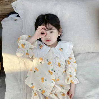 

Baby Kids Pajamas Set Sleepwear Suit Long Sleeve Pajama Tops+Pants 2pcs Children Clothing Girl Embroidered Cherry Lapel Clothes