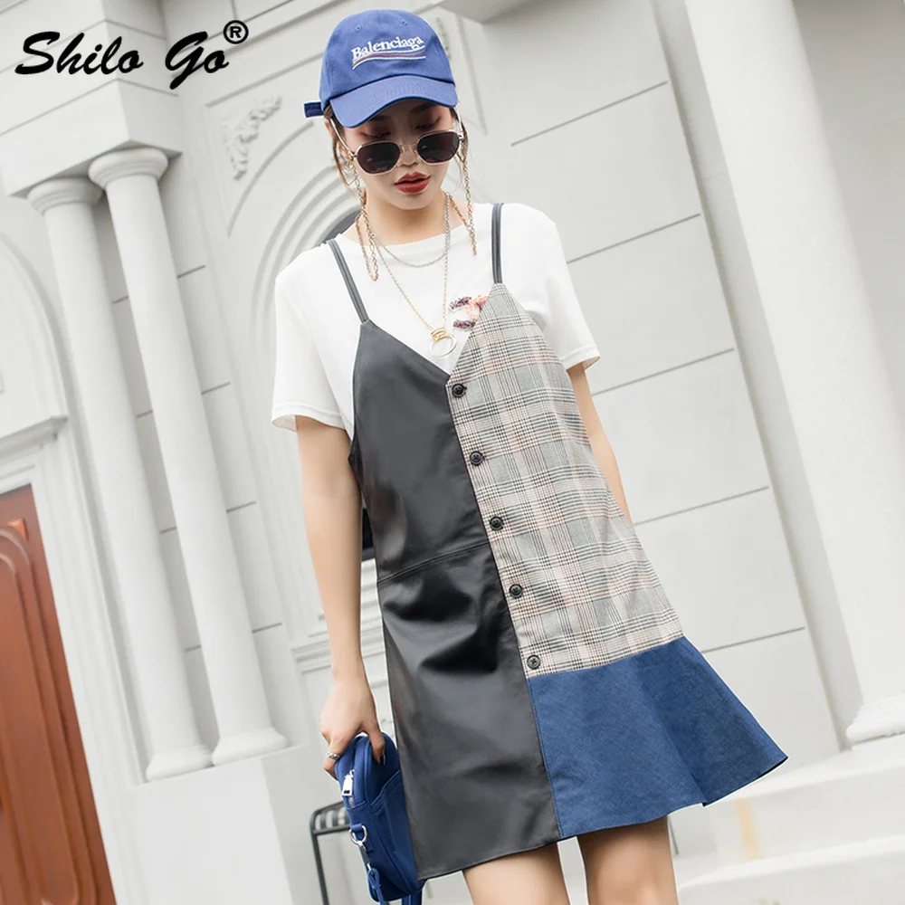Genuine Leather Dress Highstreet Color Block Cut-and-Sew Grid Panel Button Front Women Strap Ruffles Hem Sheepskin Dresses