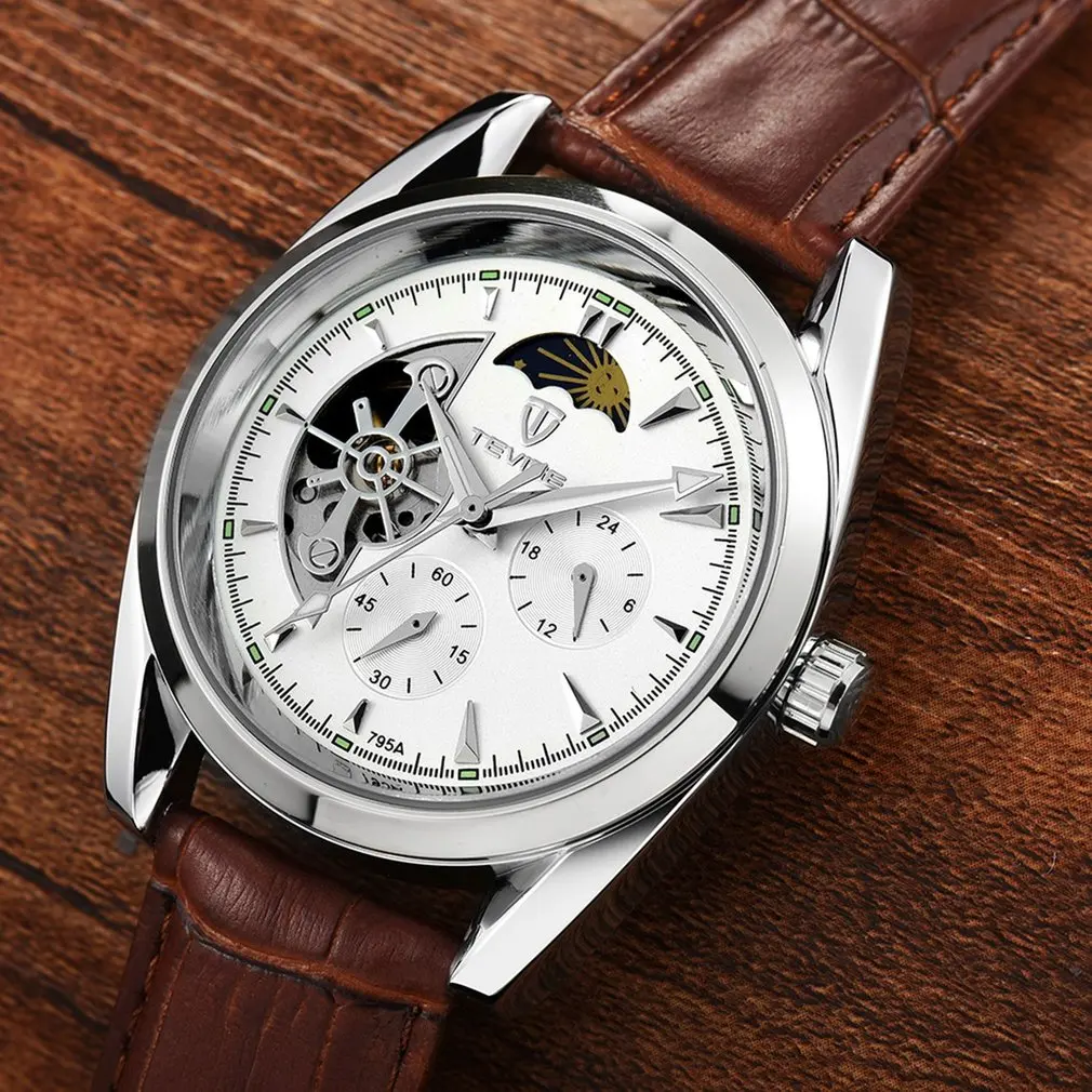 TEVISE, мужские часы, Tourbillon, автоматический кожаный ремешок, часы, Роскошные, фаза Луны, механические, водонепроницаемые, часы с выдалбливающим циферблатом