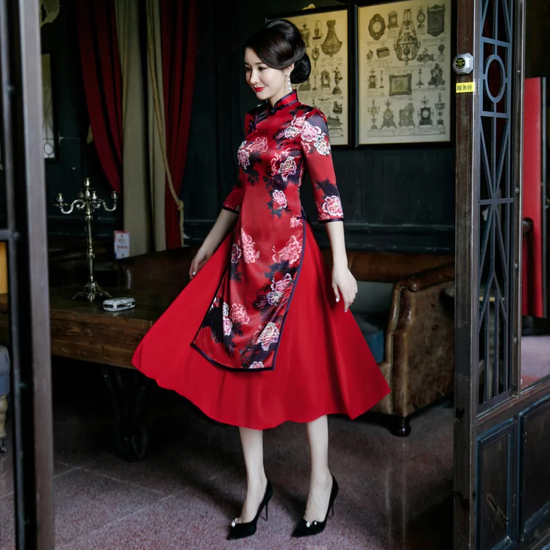 M-5XL AO Dai женское длинное платье Cheongsam в винтажном китайском стиле, воротник-стойка, платье из искусственного шелка, Qipao, тонкое вечернее платье на пуговицах, Vestido