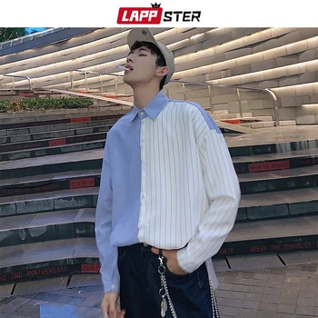 

LAPPSTER Men Striped Patchwork Shirts 2020 Mens Harajuku Korean Fashions Long Sleeve Shirts Casual Slim Fit Button Shirt 5XL