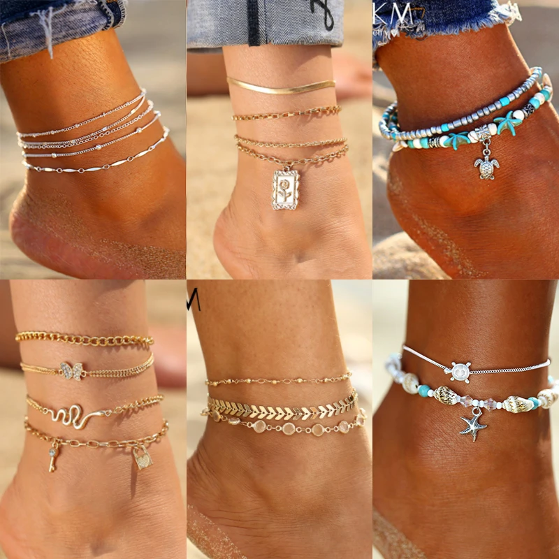 5Pcs/Set Fashion Pearl Pendant Chain Bracelets Beach Anklet Foot Jewelry Gift