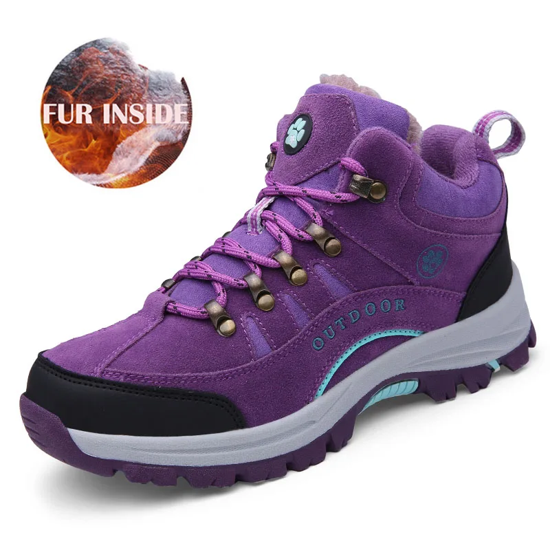 Мужская и женская походная обувь водонепроницаемая кожаная обувь для альпинизма и рыбалки новая популярная Уличная обувь мужские высокие зимние сапоги - Цвет: purple