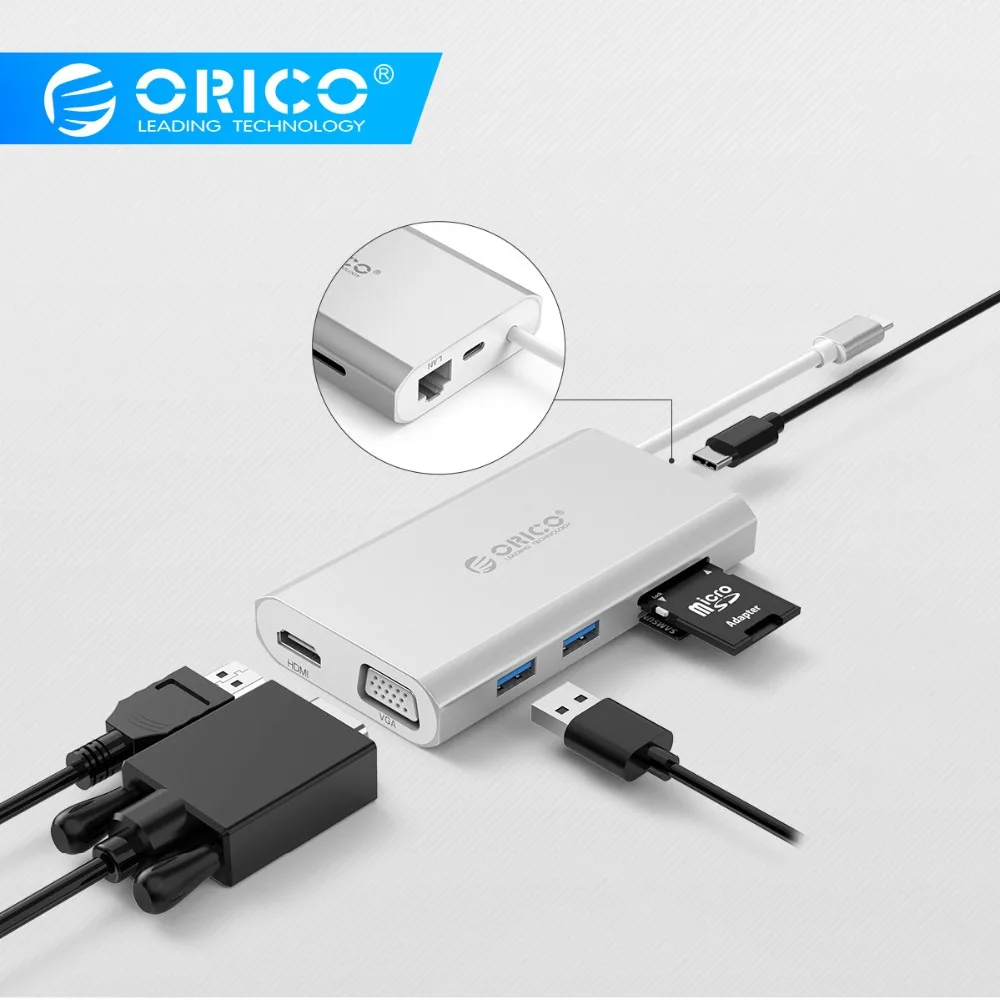 ORICO USB C концентратор type-C к HDMI/VGA/RJ45/TF/SD/USB3.0 многофункциональная док-станция с