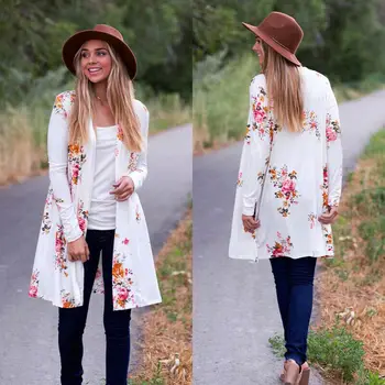 

Women Casual Autumn Long Top Coat Jacket Ladies Fashion Print Cardigan Overcoat