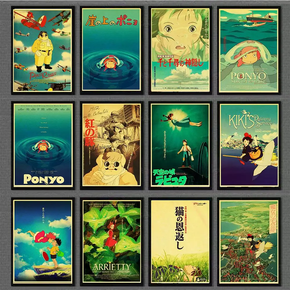 Hayao Miyazaki Anime Movie Poster Set Kraft Paper Cafe Bar Retro Poster Decorative Painting  for home/bar