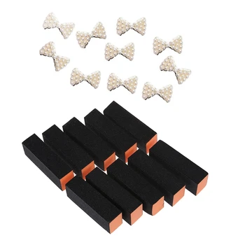 

10Pcs Nail Art Buffer Buffing Sanding Files Block Pedicure Care & 10Pcs Pearl Bows 3D Nail Art Nail Stones Decorations