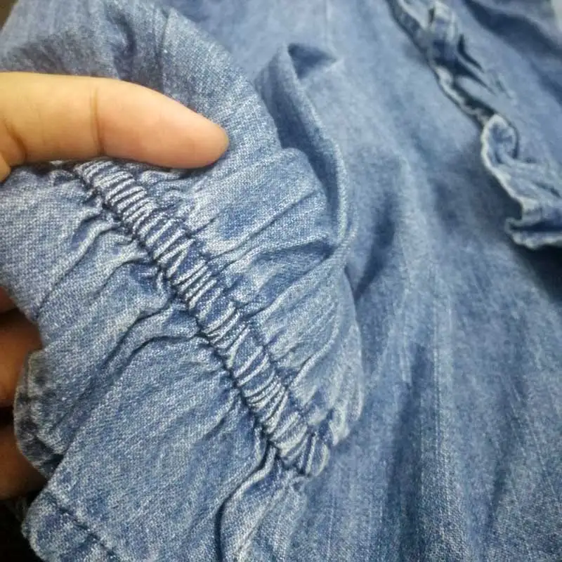 Богемный Вдохновленный джинсовый блузка женские топы с оборками v-образный вырез с пышным рукавом Повседневная синяя блузка Женская Плюс Размер хлопковая блузка femme