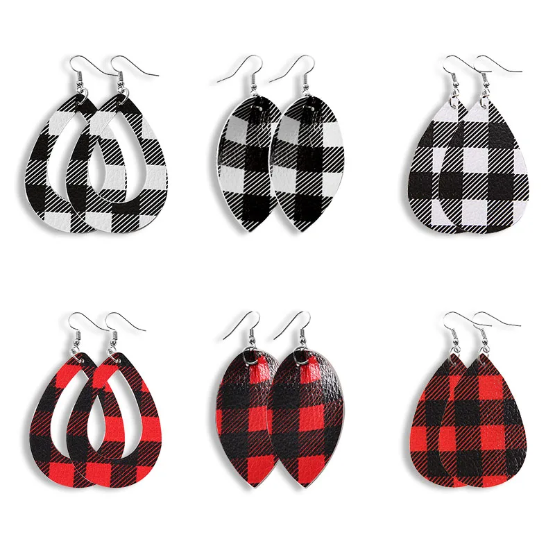 8 пар женских кожаных сережек Buffalo Plaid Brincos красный и черный капли воды Серьги Каплевидные модные кожаные серьги - Окраска металла: mixed 6 pairs