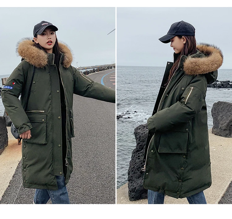 Down Jacket Cotton-padded Clothes WOMEN'S Dress Winter Mid-length over-the-Knee Large Fur Collar INS Loose Thick Online Celebrit