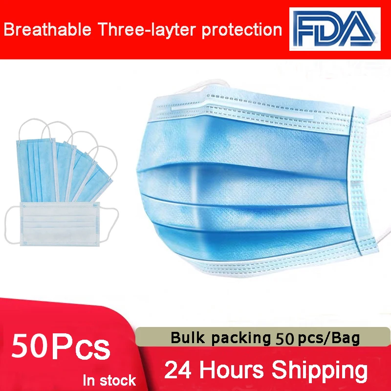 

50/100Pcs Mouth Mask Disposable Blue pp Mouth Face Masks Non-Woven Mask Anti-Dust Mask 3 ply Filter Activated Anti Pollution