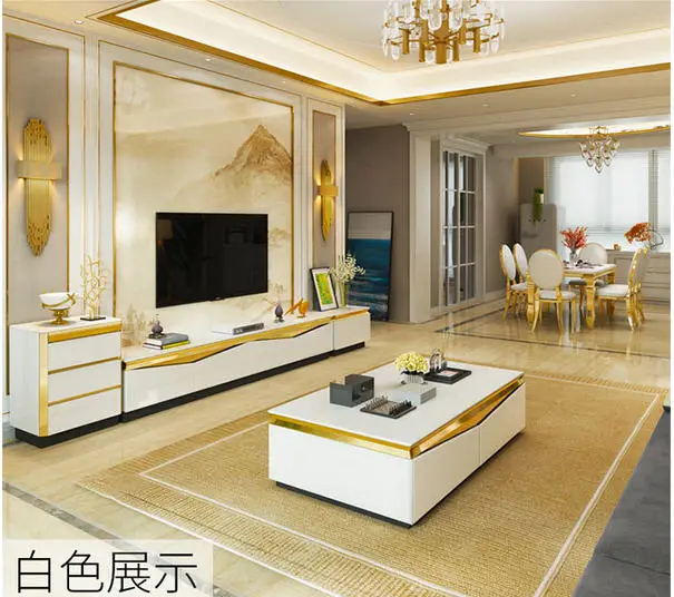 tea table black/white Living Room TV monitor stand mueble stalinite gold stainless steel cabinet +tv table+Coffee centro Table