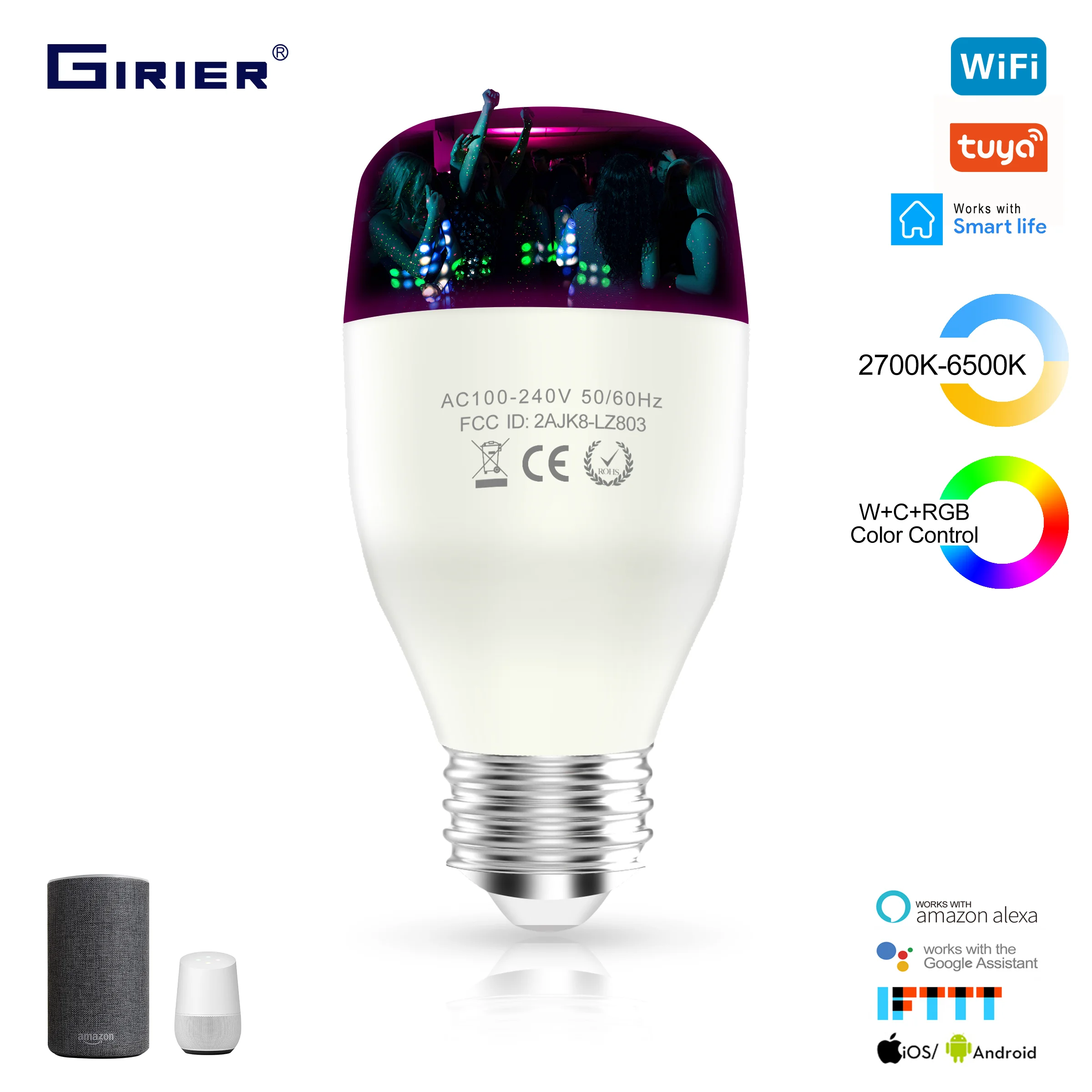 E27 умная Wifi Светодиодная лампа 7/9 Вт WCRGB Tuya с регулируемой яркостью изменением