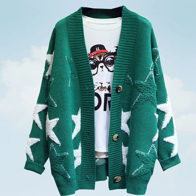 Autumn Sweater Women 2019 Loose Embroidery Stitching Stars in the Long Section Plus size Spring Knitting Female Cardigan SS533 |