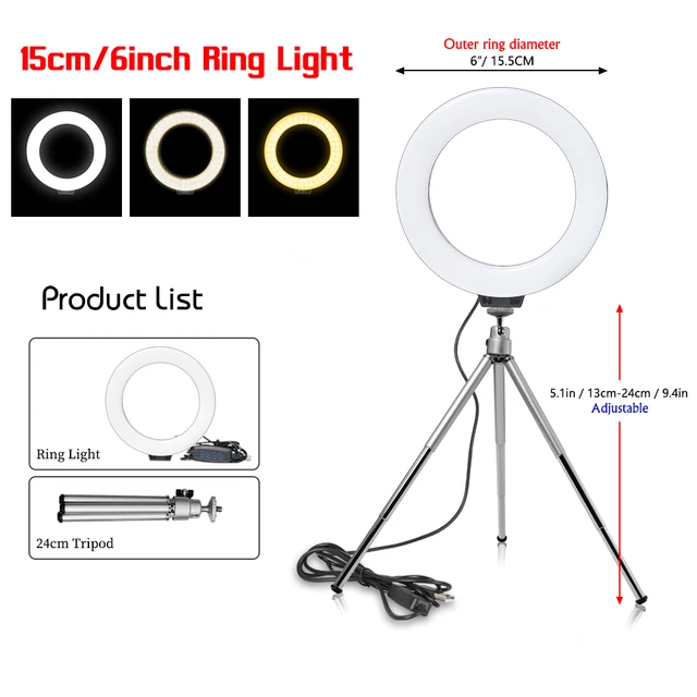 SH 16cm 6 inch Ring Light With Tripod Stand Usb Charge Selfie Led Lamp Dimmable Photography Light For Photo Photography Studio package E